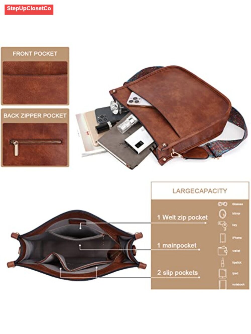 Women's Vegan Leather Hobo Crossbody Bag with 2 Adjustable Guitar Straps Gold - Picture 3 of 6